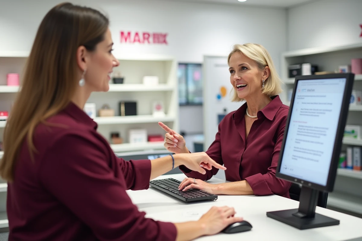 Employée d'un magasin aidant un client à accéder à son compte My Very Best Card sur un ordinateur de bureau