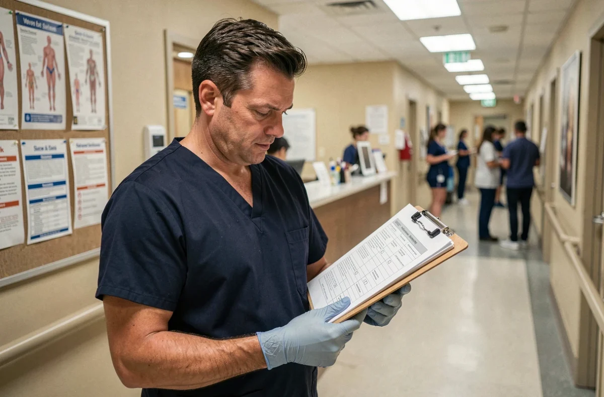 Aide-soignant masculin consultant un protocole de soins sur clipboard dans un couloir d'établissement de santé, en lien avec les nouvelles réglementations du décret 2026