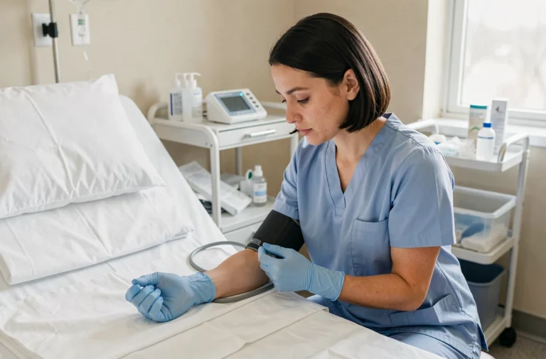 Aide-soignante en blouse bleue prenant la tension artérielle d'un patient dans une chambre d'hôpital moderne, illustrant les actes autorisés par le décret aide-soignant 2026