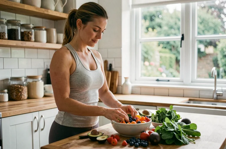 Femme préparant un bol de légumes et fruits frais dans une cuisine moderne pour une alimentation saine au quotidien