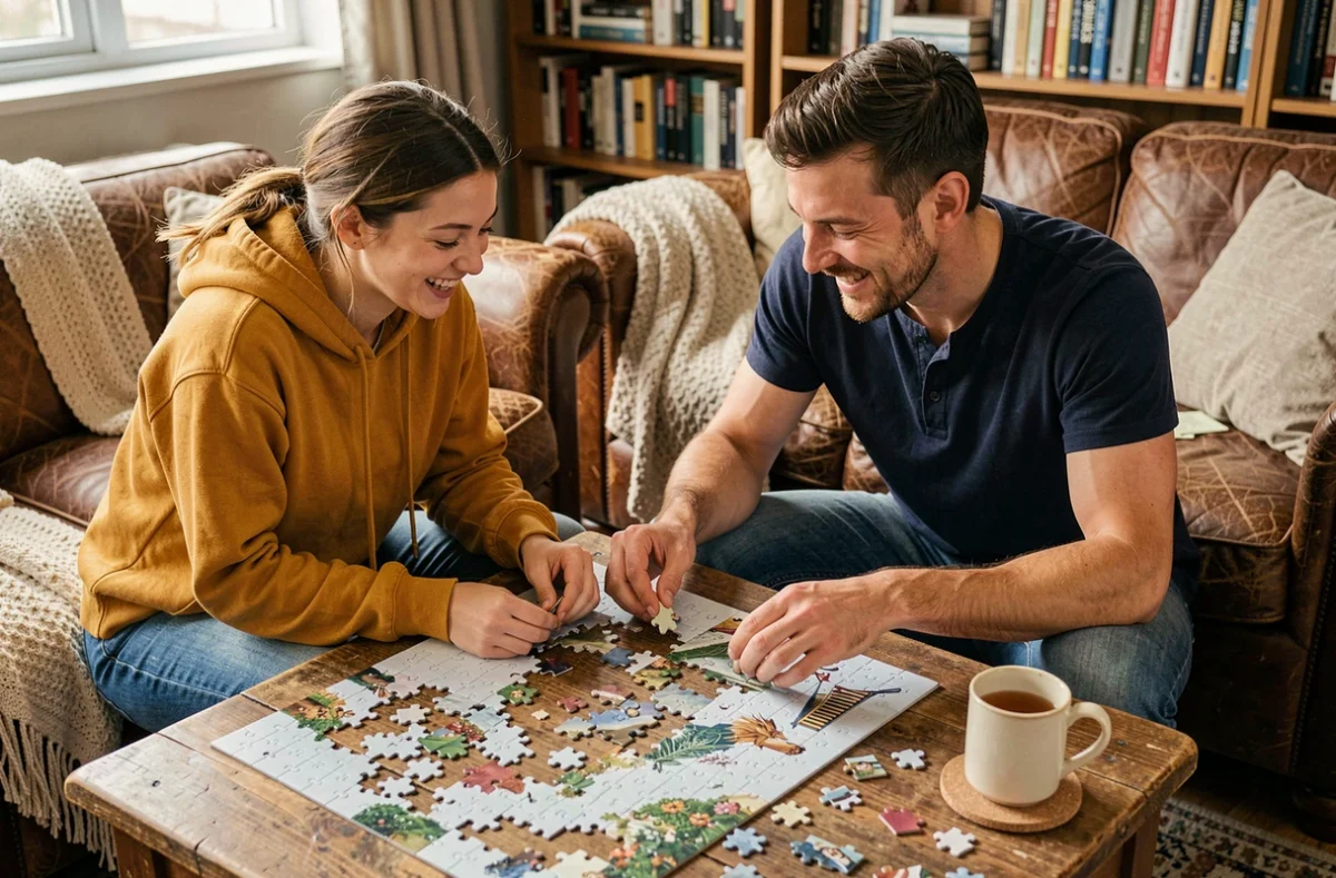 Deux amis assemblant un puzzle sur une table basse en bois dans un salon cosy, riant ensemble