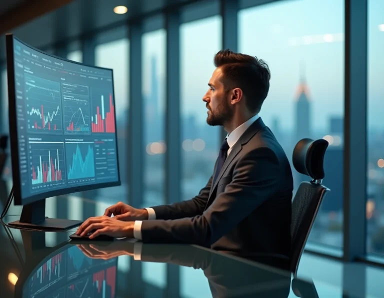 Analyste financier examinant des graphiques d'investissement sur écran courbe dans un bureau moderne avec vue sur la ville en 2024
