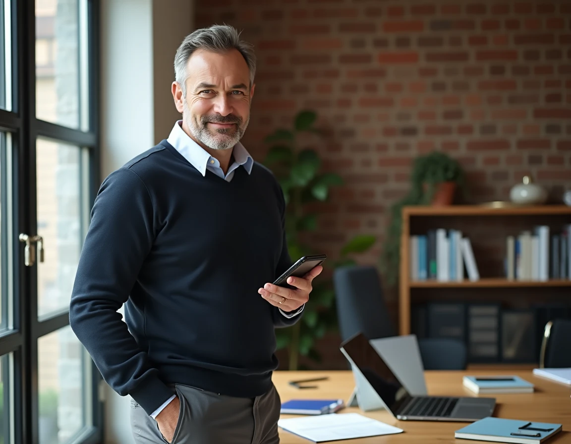 Ancien distributeur Chogan pensif dans un bureau à domicile tenant un smartphone