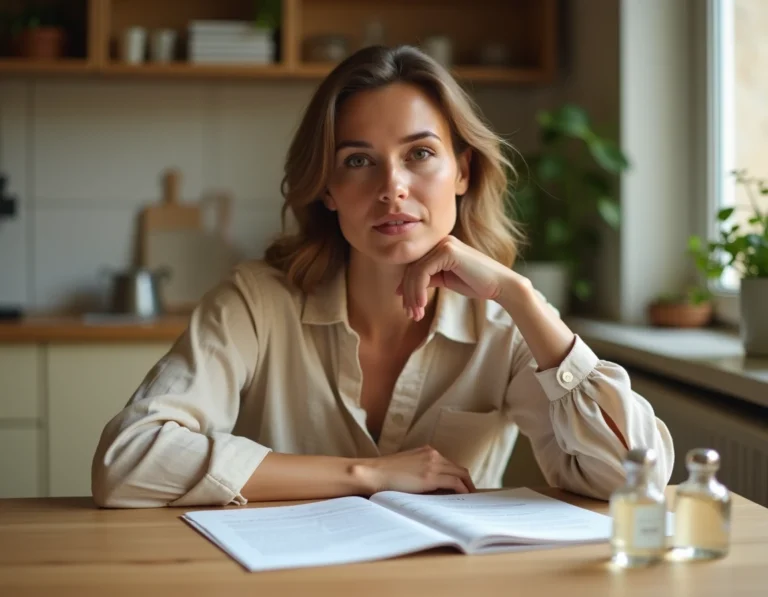 Ancienne distributrice Chogan examinant des documents et des flacons de parfum à sa table de cuisine