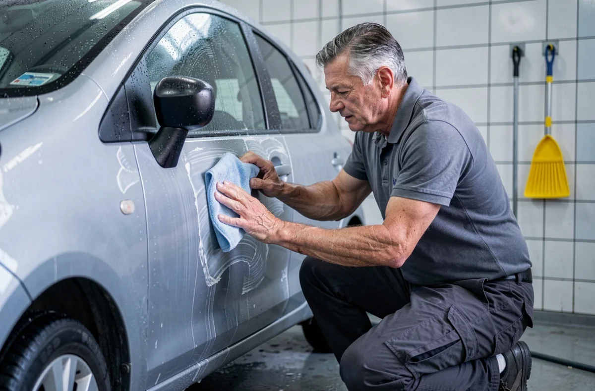 Homme appliquant de la cire protectrice sur la carrosserie d'une voiture dans un centre de lavage automobile