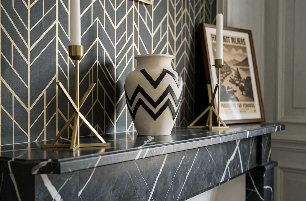 Cheminée Art Déco avec bougeoirs en laiton, vase céramique et papier peint chevron dans un appartement haussmannien