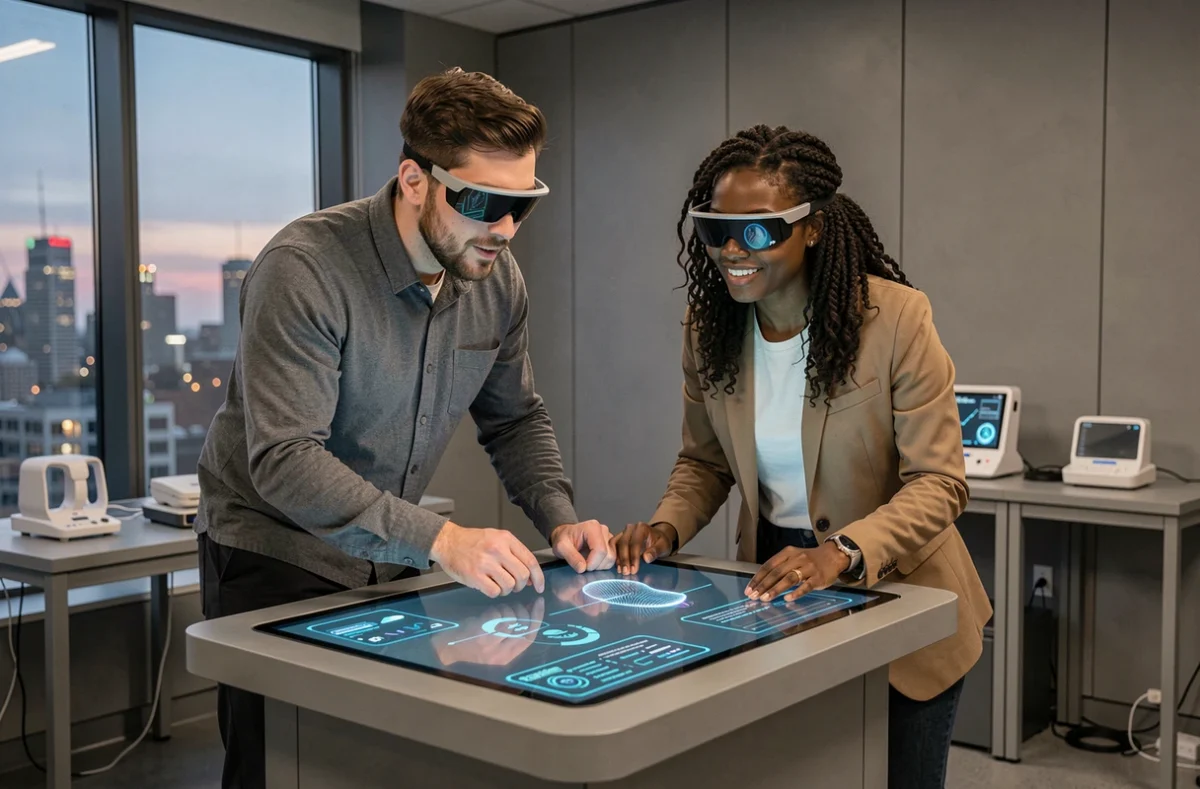 Deux professionnels utilisant un écran tactile interactif avec réalité augmentée dans un laboratoire d'innovation
