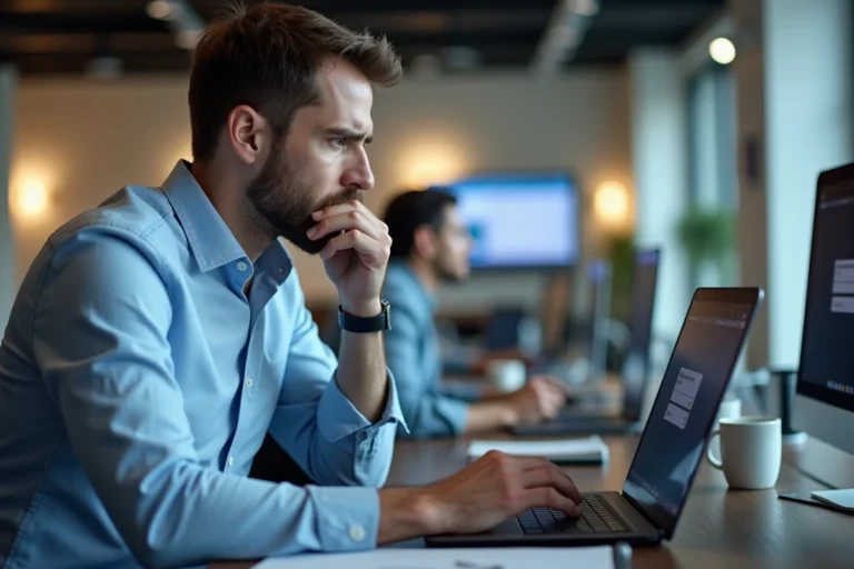 Homme professionnel tentant de se connecter à Alis BNP Paribas sur un ordinateur portable au bureau avec un message d'erreur affiché