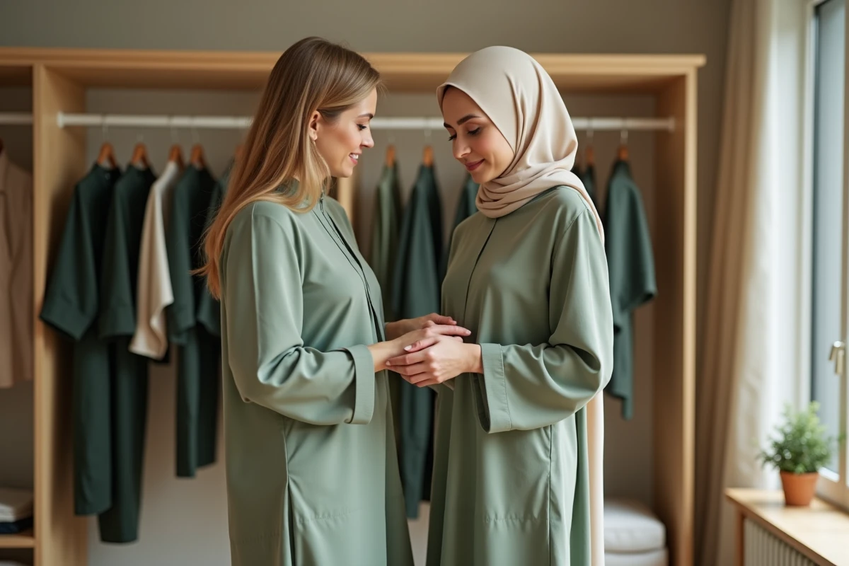 Styliste ajustant la robe longue modeste d'une mannequin en hijab dans une loge de shooting, coulisses de la mode islamique