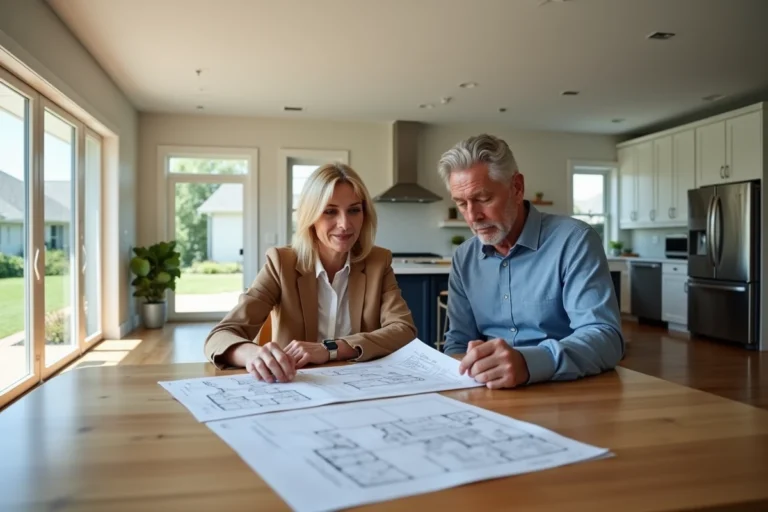 Couple d'adultes examinant des plans dans une cuisine moderne