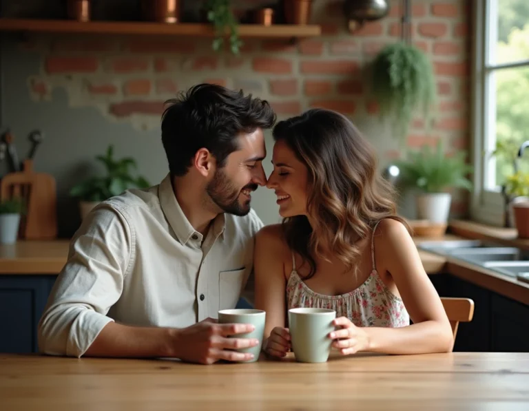 Couple complice partageant un moment intime autour d'un café dans une cuisine chaleureuse et rustique