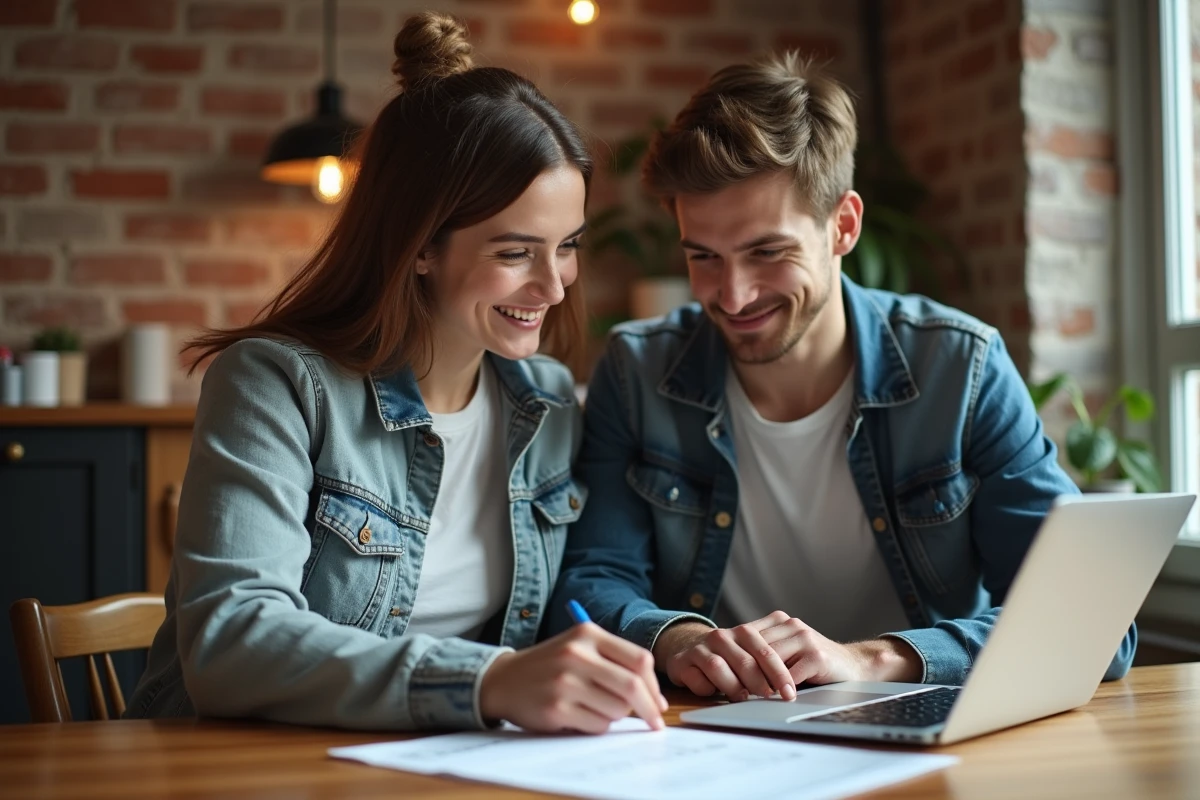 Couple planifiant leur budget ensemble avec des outils numériques de gestion financière à la maison