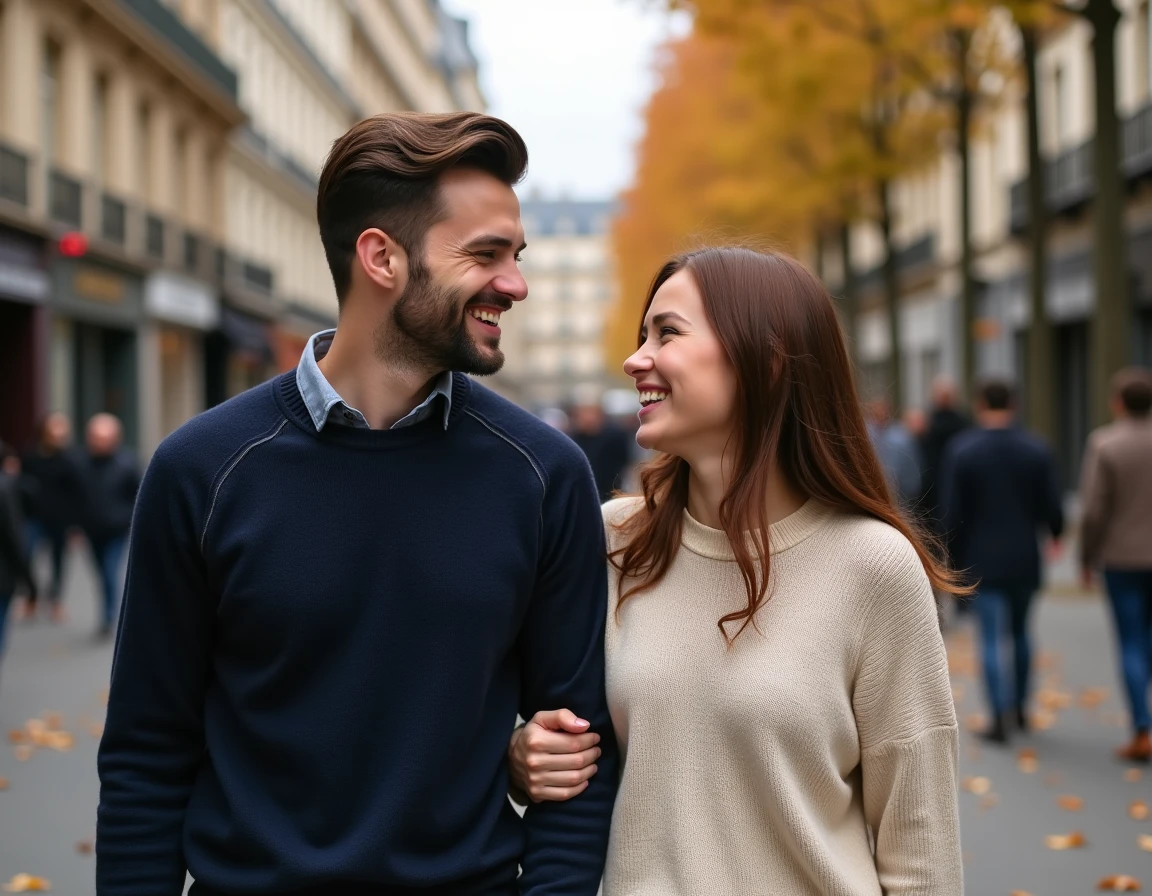Couple complice se promenant dans une rue pavée parisienne en automne avec une atmosphère chaleureuse et naturelle