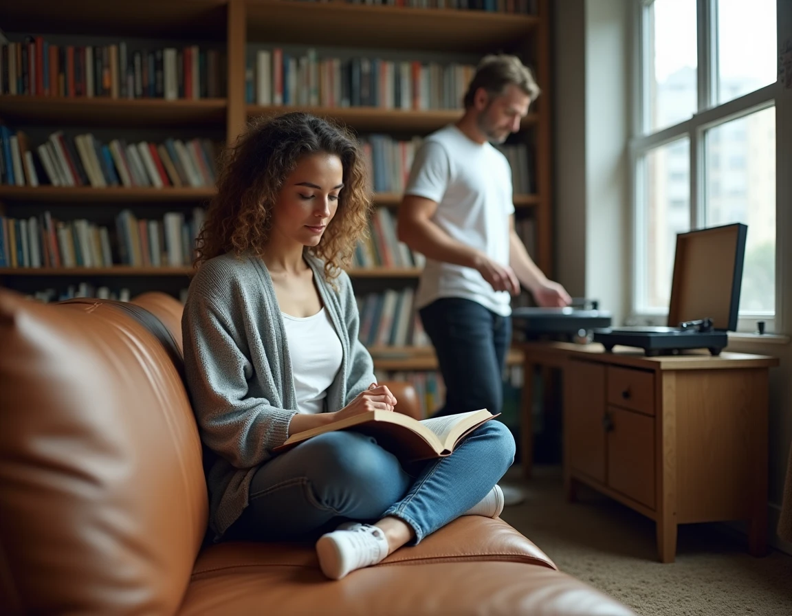 Couple vivant paisiblement dans leur intérieur cosy, chacun absorbé dans ses activités, atmosphère authentique et détendue
