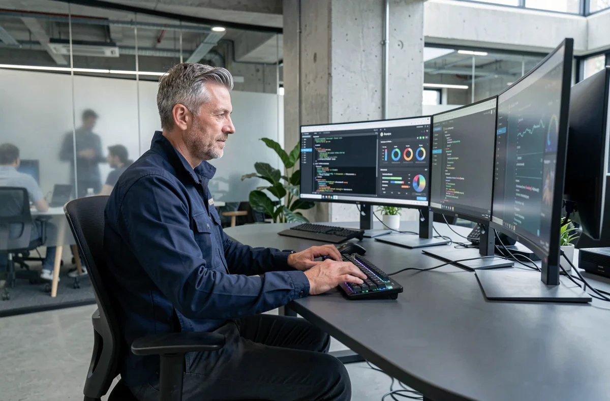 Développeur travaillant sur plusieurs écrans ultralarges dans un bureau technologique moderne