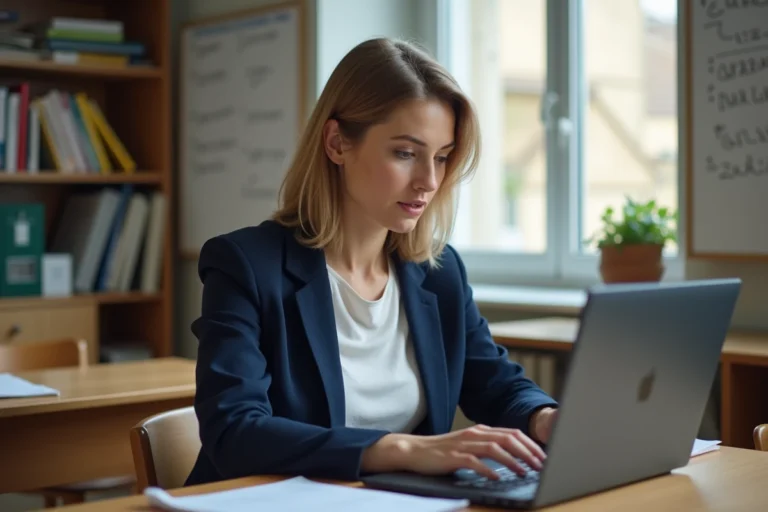 Enseignante de la Nièvre consultant sa messagerie académique Webcsat 58 sur un ordinateur portable dans une salle des professeurs
