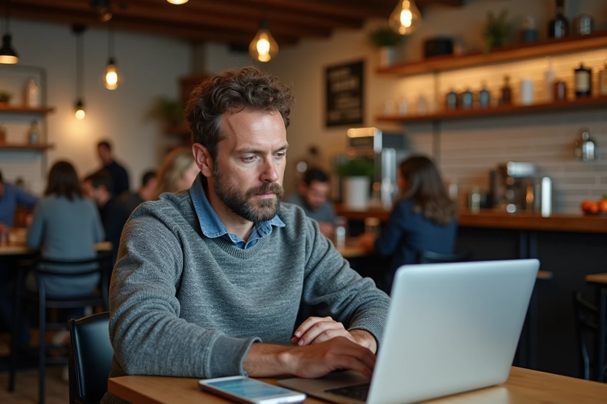 Entrepreneur consultant travaillant sur des performances marketing en ligne depuis un café avec ordinateur et tableau de bord numérique