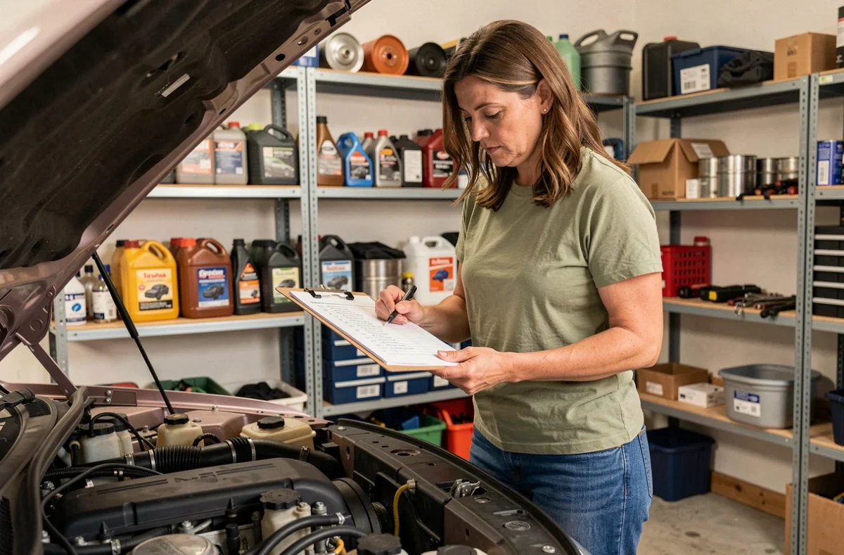 Femme consultant une liste d'entretien automobile sous le capot ouvert dans un garage domestique bien rangé