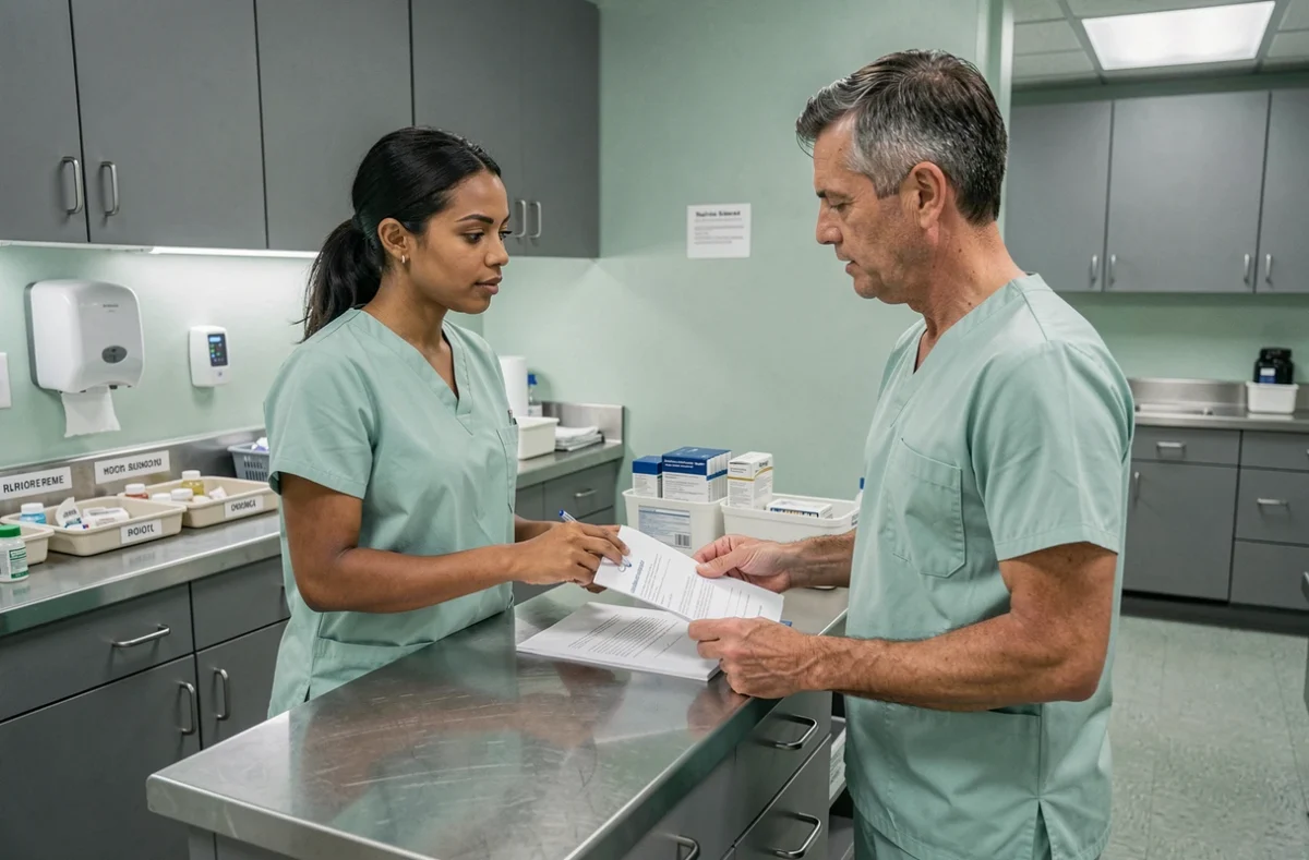 Deux aides-soignants en tenue verte préparant des soins ensemble dans une salle de préparation médicale, reflétant les nouvelles compétences encadrées par le décret aide-soignant 2026