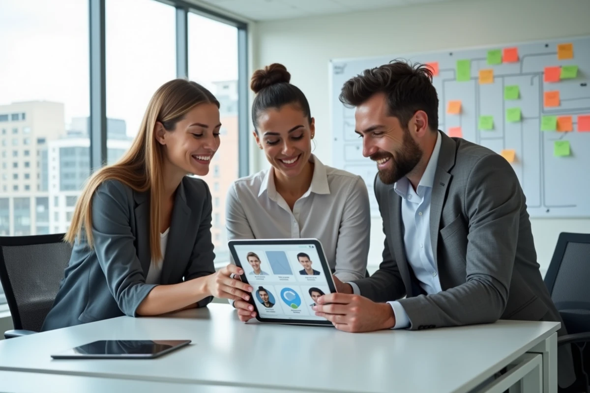 Équipe RH collaborative analysant des profils de candidats sur une plateforme de recrutement numérique en 2024