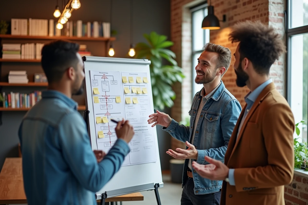 Équipe marketing collaborative travaillant sur une stratégie de services en ligne autour d'un tableau blanc dans un bureau agence