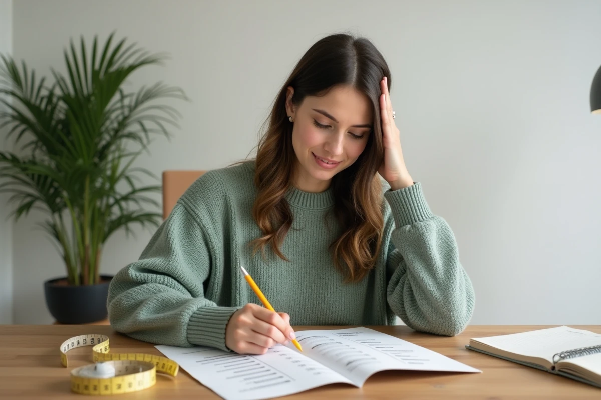Femme consultant un tableau des équivalences de tailles XXL avec un mètre ruban sur un bureau