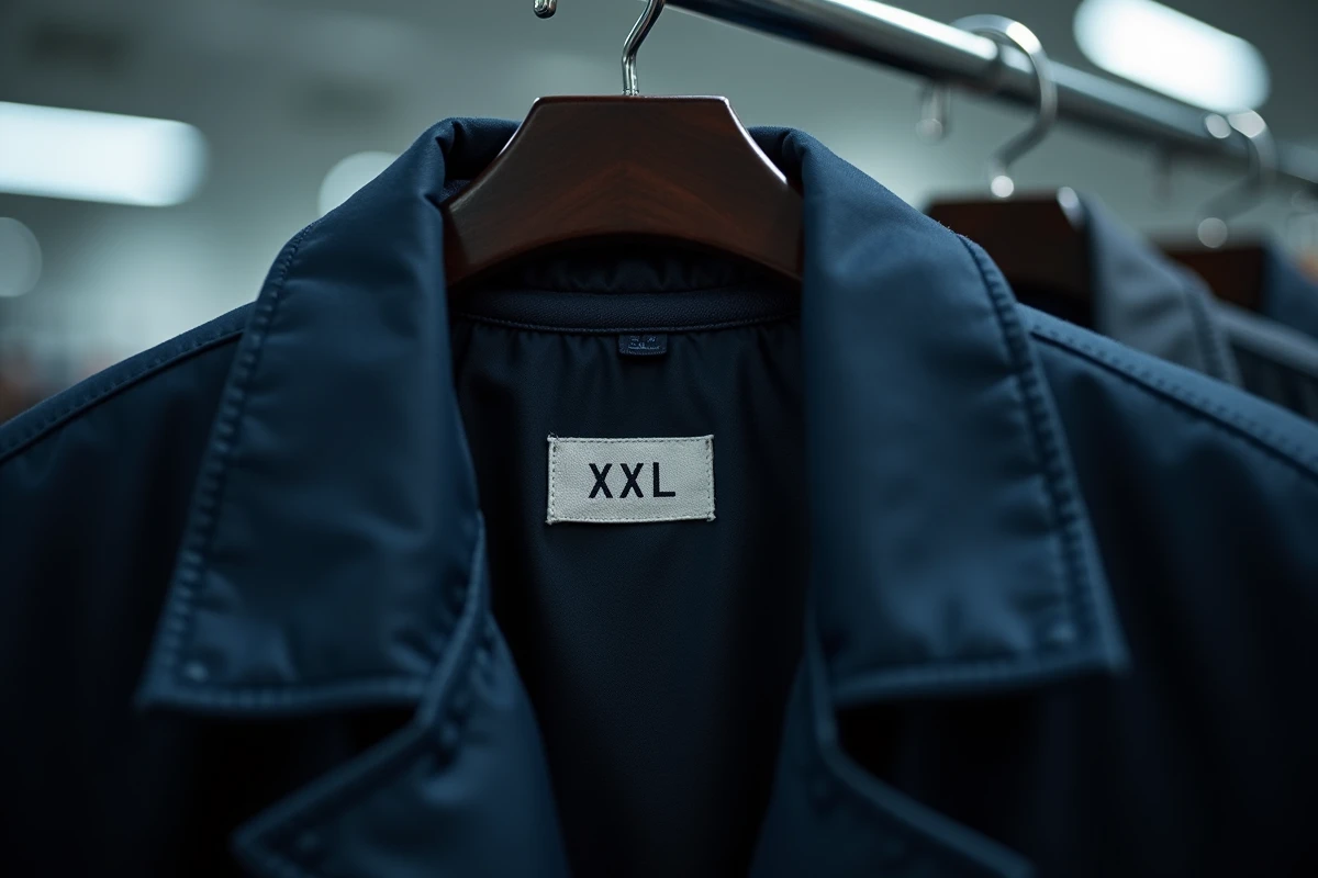 Étiquette taille XXL visible à l'intérieur d'une veste féminine suspendue en magasin