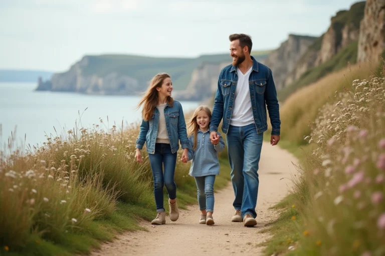 Famille souriante en randonnée sur la côte normande