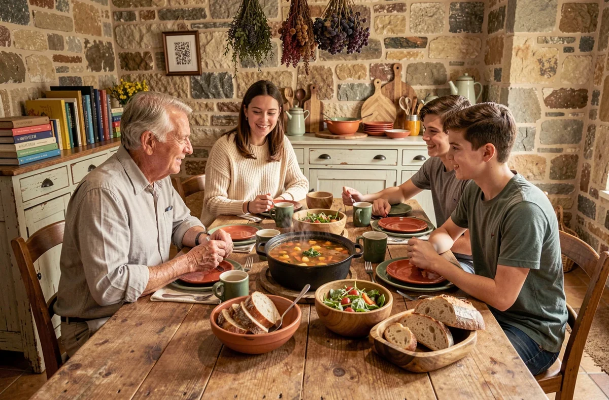 Famille multigénérationnelle réunie autour d'un repas gourmand fait maison avec une cocotte de soupe et du pain artisanal