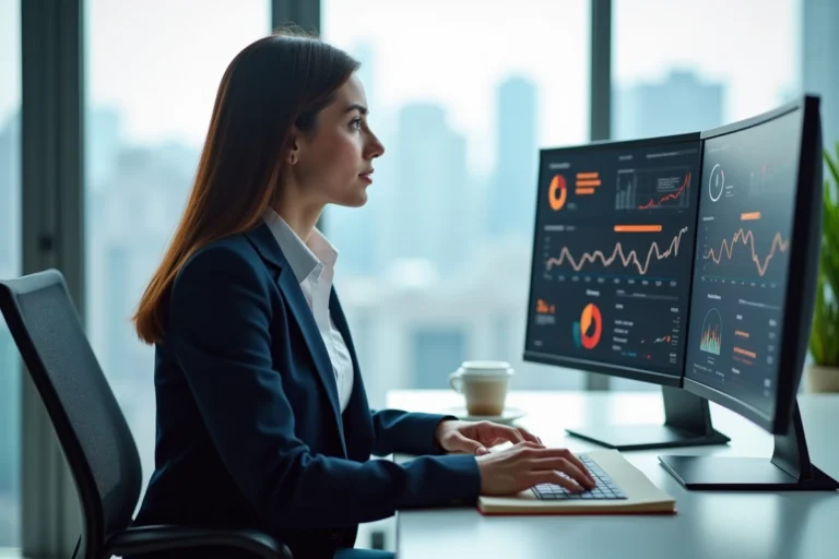 Femme professionnelle analysant des données de marketing digital sur un écran courbe dans un bureau moderne avec vue sur la ville