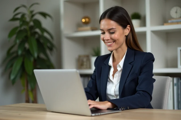 Femme professionnelle utilisant un tableau de bord financier numérique sur un ordinateur portable dans un bureau moderne