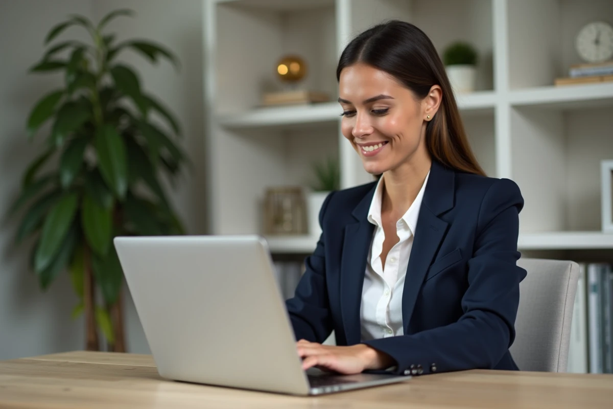 Femme professionnelle utilisant un tableau de bord financier numérique sur un ordinateur portable dans un bureau moderne