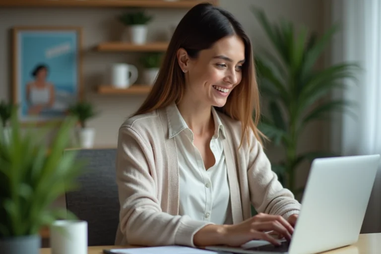 Femme au bureau à la maison travaillant sur son ordinateur portable