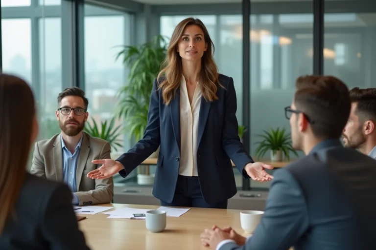 Femme confiante en réunion d'affaires dans un bureau moderne