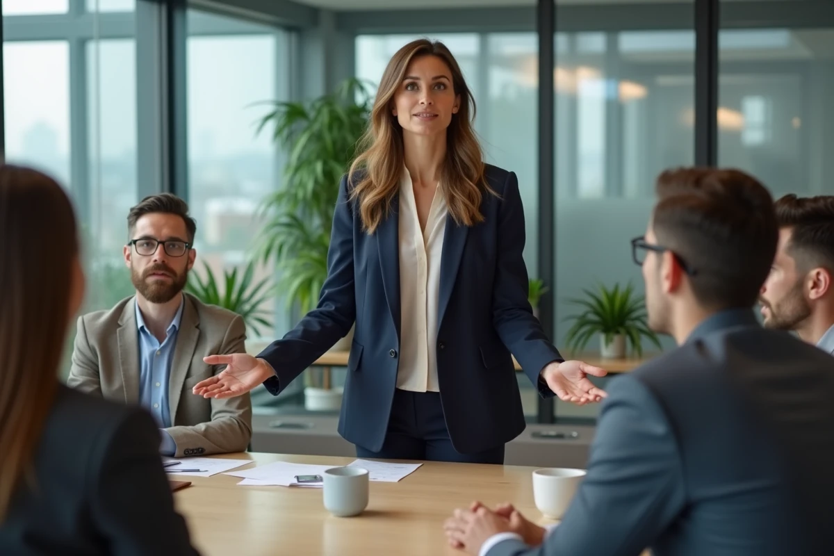 Femme confiante en réunion d'affaires dans un bureau moderne