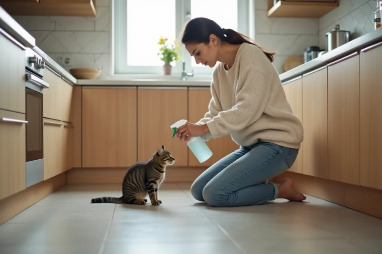 Femme inquiète avec son chat dans la cuisine moderne