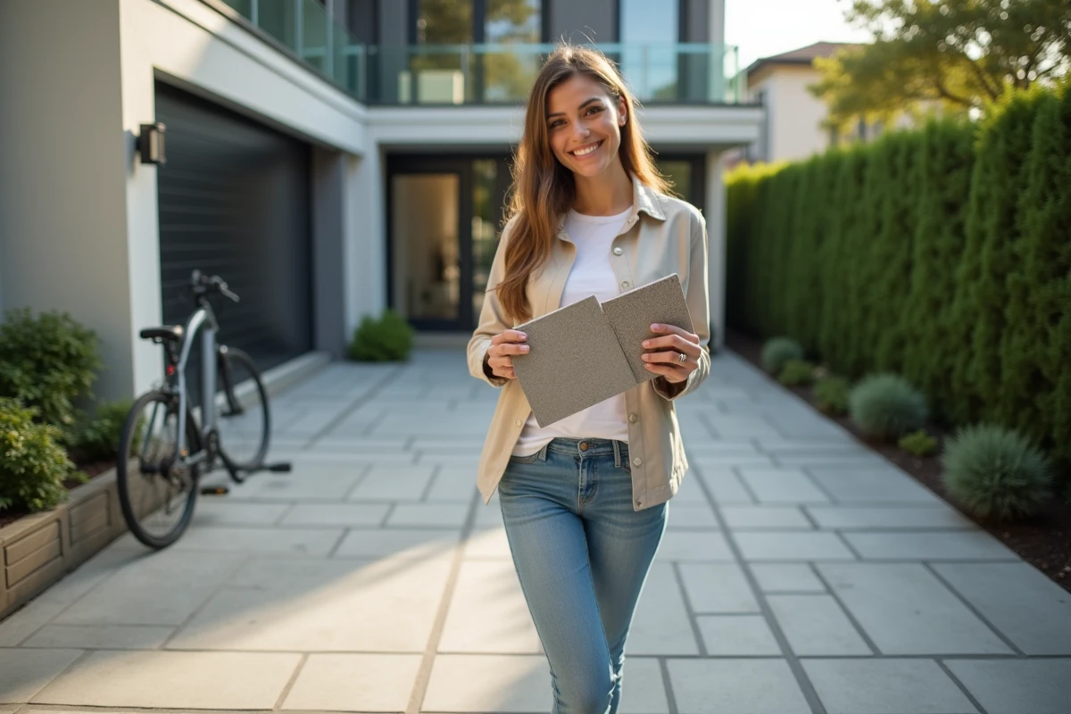 Femme compare des échantillons de pavage dans sa cour