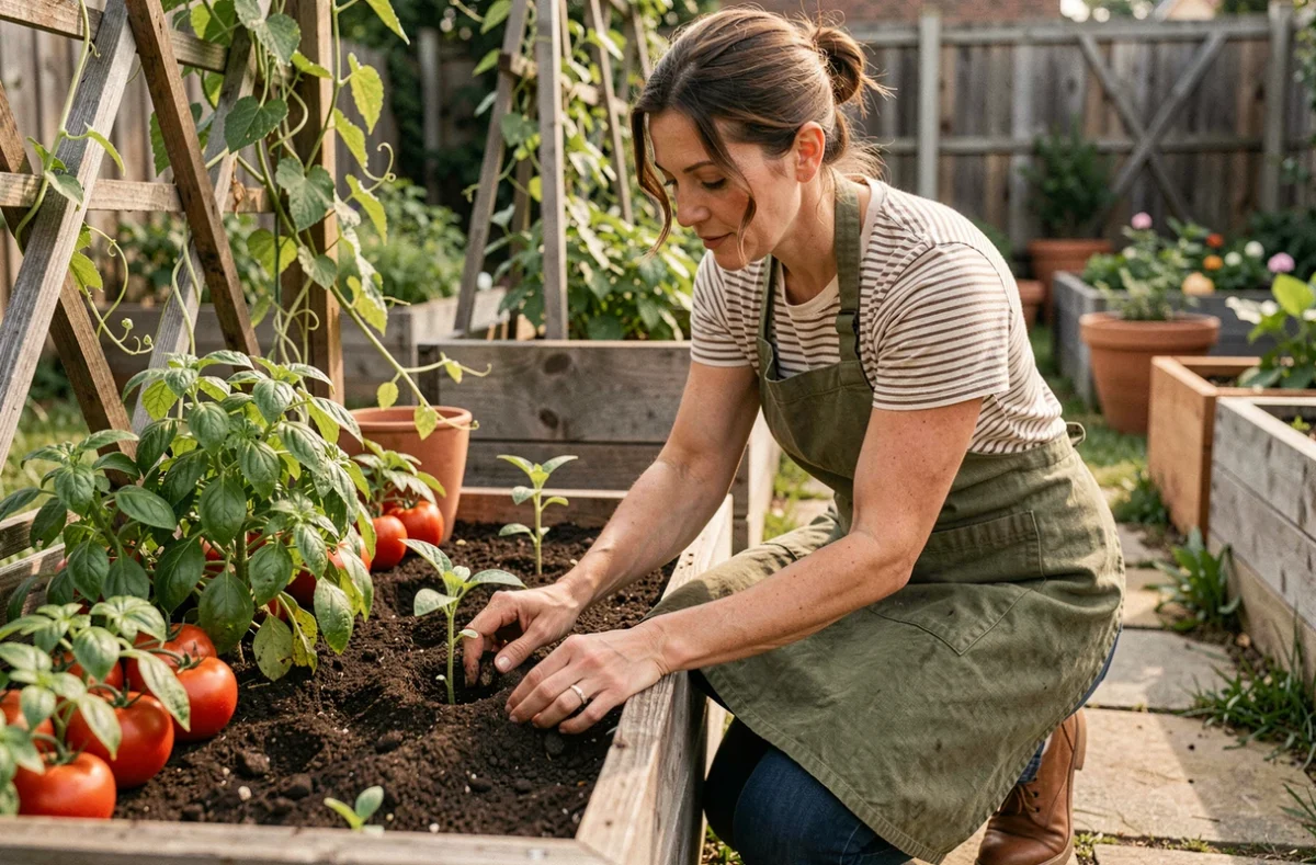 Femme jardinière en tablier de lin qui plante des légumes bio dans un potager surélevé en bois, mains dans la terre riche en compost