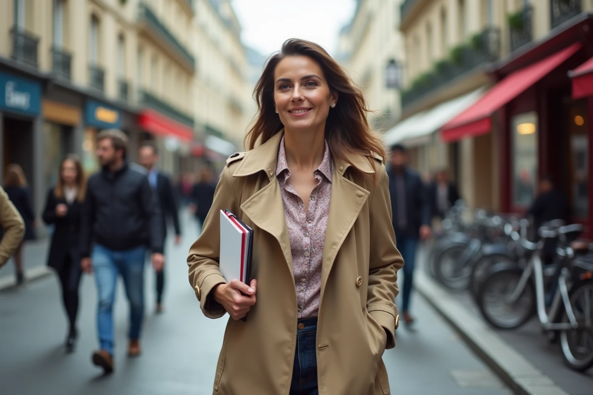 Femme journaliste marchant dans une rue parisienne