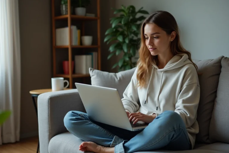 Jeune femme regardant son ordinateur portable pour le streaming