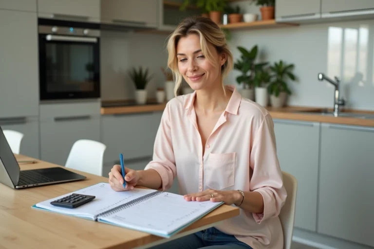 Jeune femme organisant ses finances domestiques