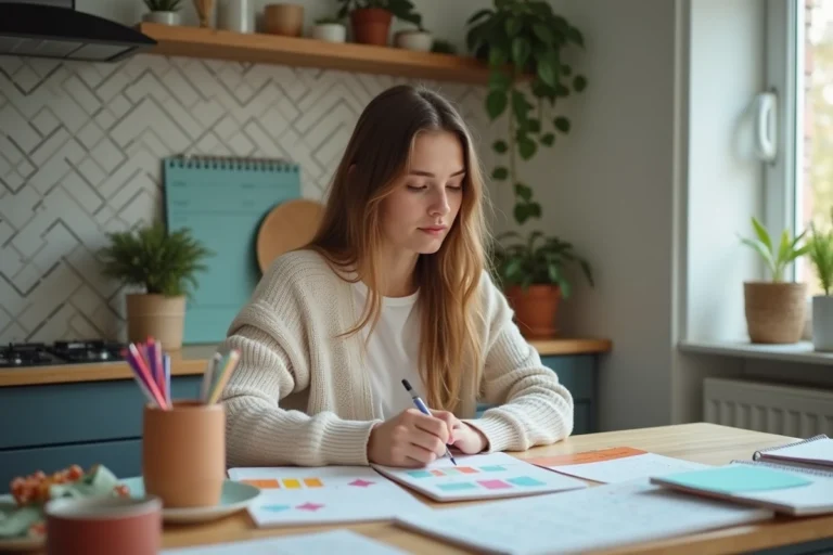 Jeune femme organise ses calendriers dans la cuisine