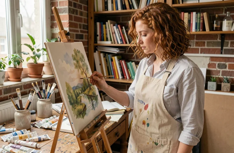 Femme peignant à l'aquarelle dans un atelier artistique fait maison, entourée de pinceaux et de carnets de croquis