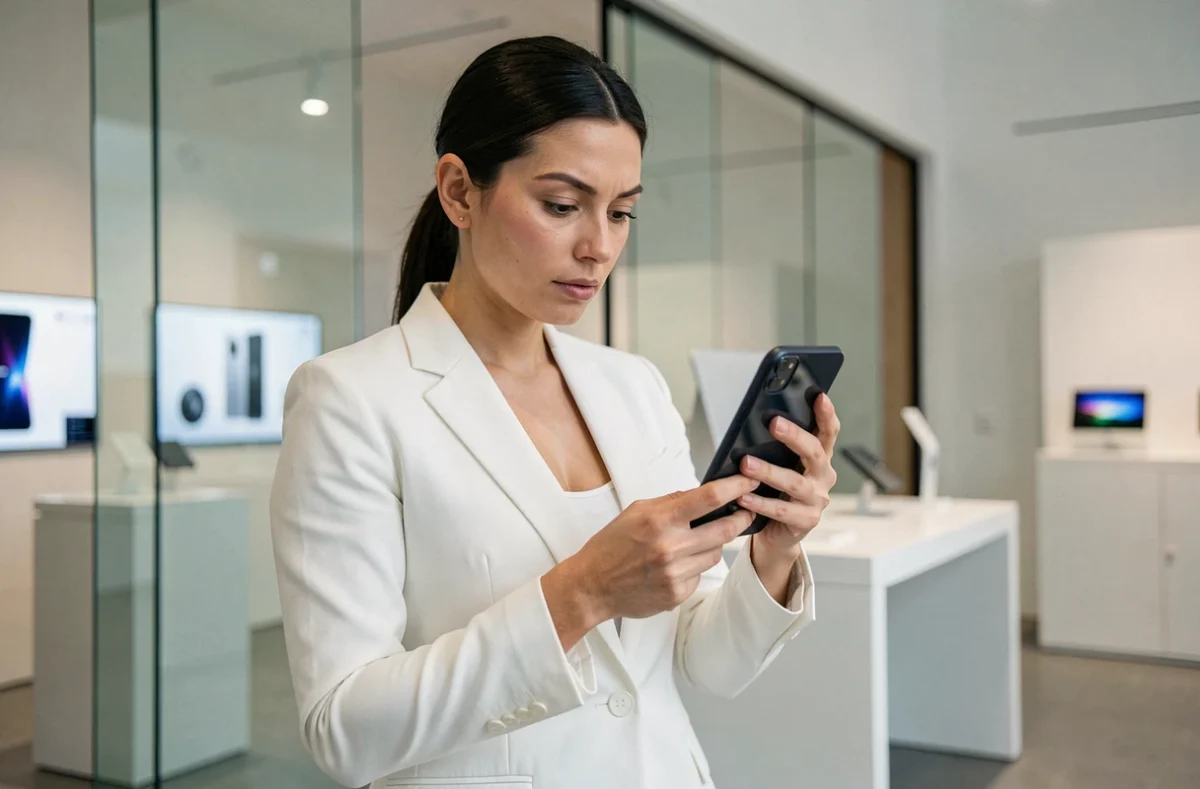 Femme explorant un smartphone pliable dans un showroom technologique moderne en 2024