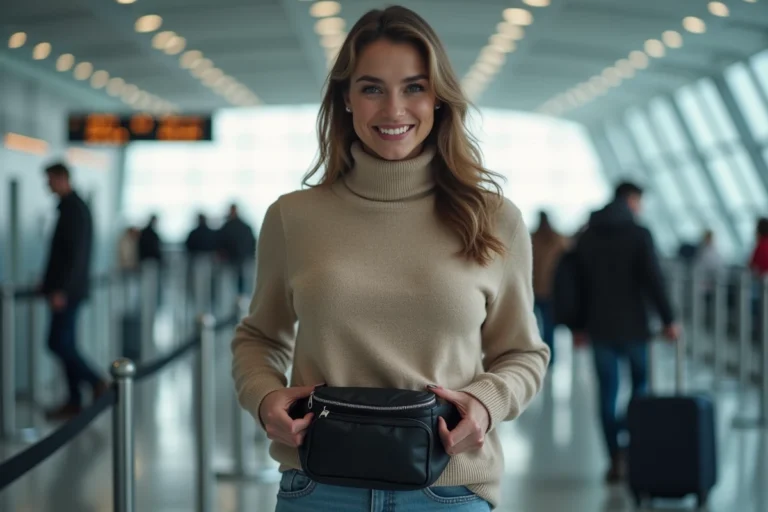 Femme souriante ajustant son sac de voyage à l'aéroport