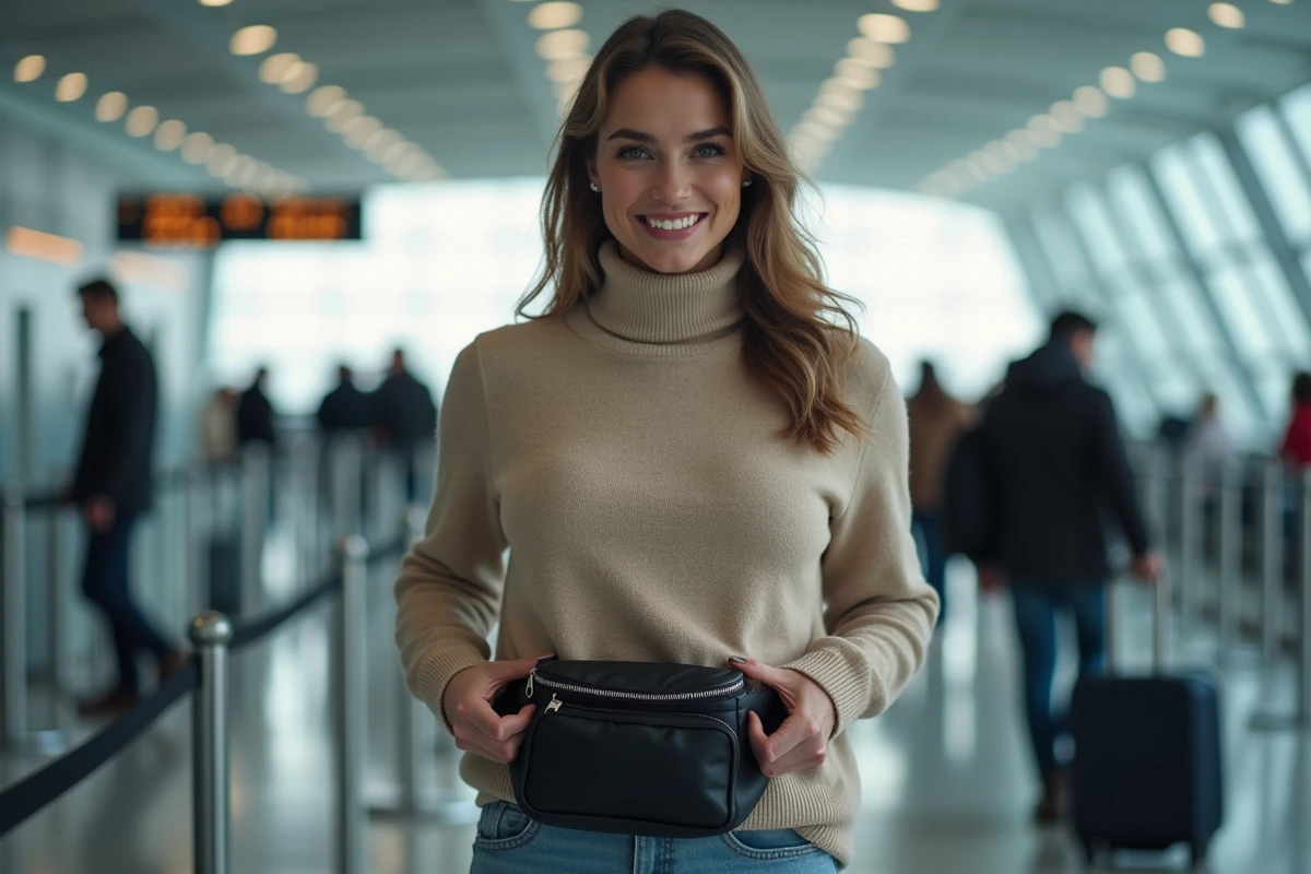 Femme souriante ajustant son sac de voyage à l'aéroport