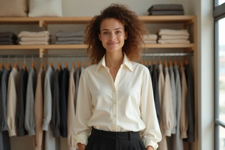 Femme portant une taille XXL en boutique de vêtements, guide des tailles féminines