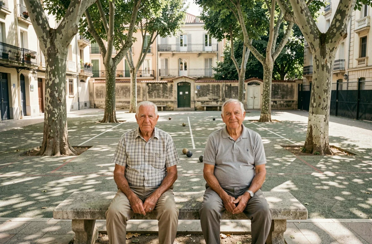 Deux habitants âgés assis sur un banc dans une place publique du quartier Sainte-Marguerite à Marseille