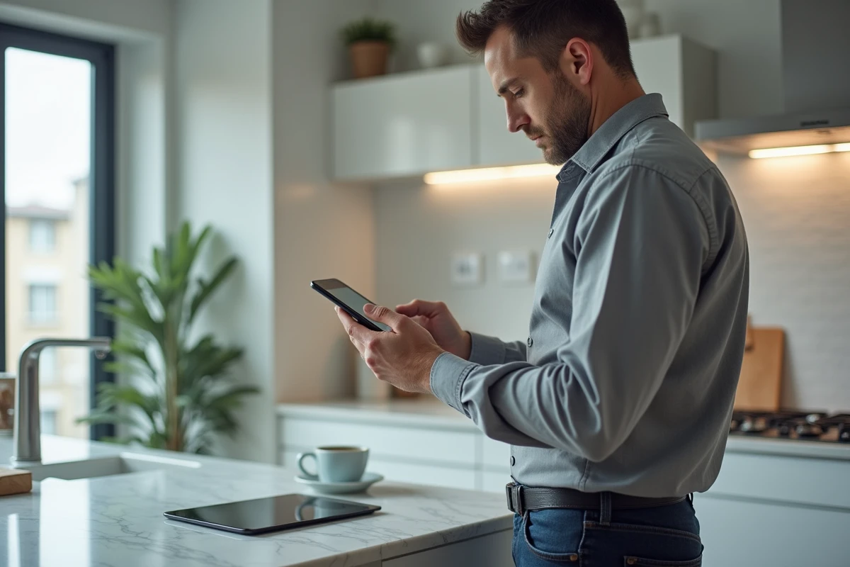 Homme utilisant une application de gestion financière sur smartphone dans une cuisine contemporaine