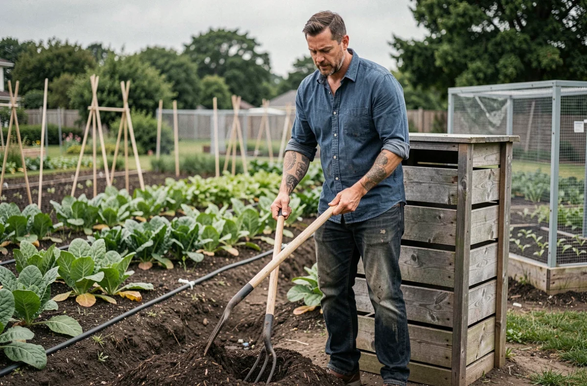 Homme jardinier retournant du compost dans un bac en bois au fond d'un potager biologique productif avec rangées de légumes en arrière-plan